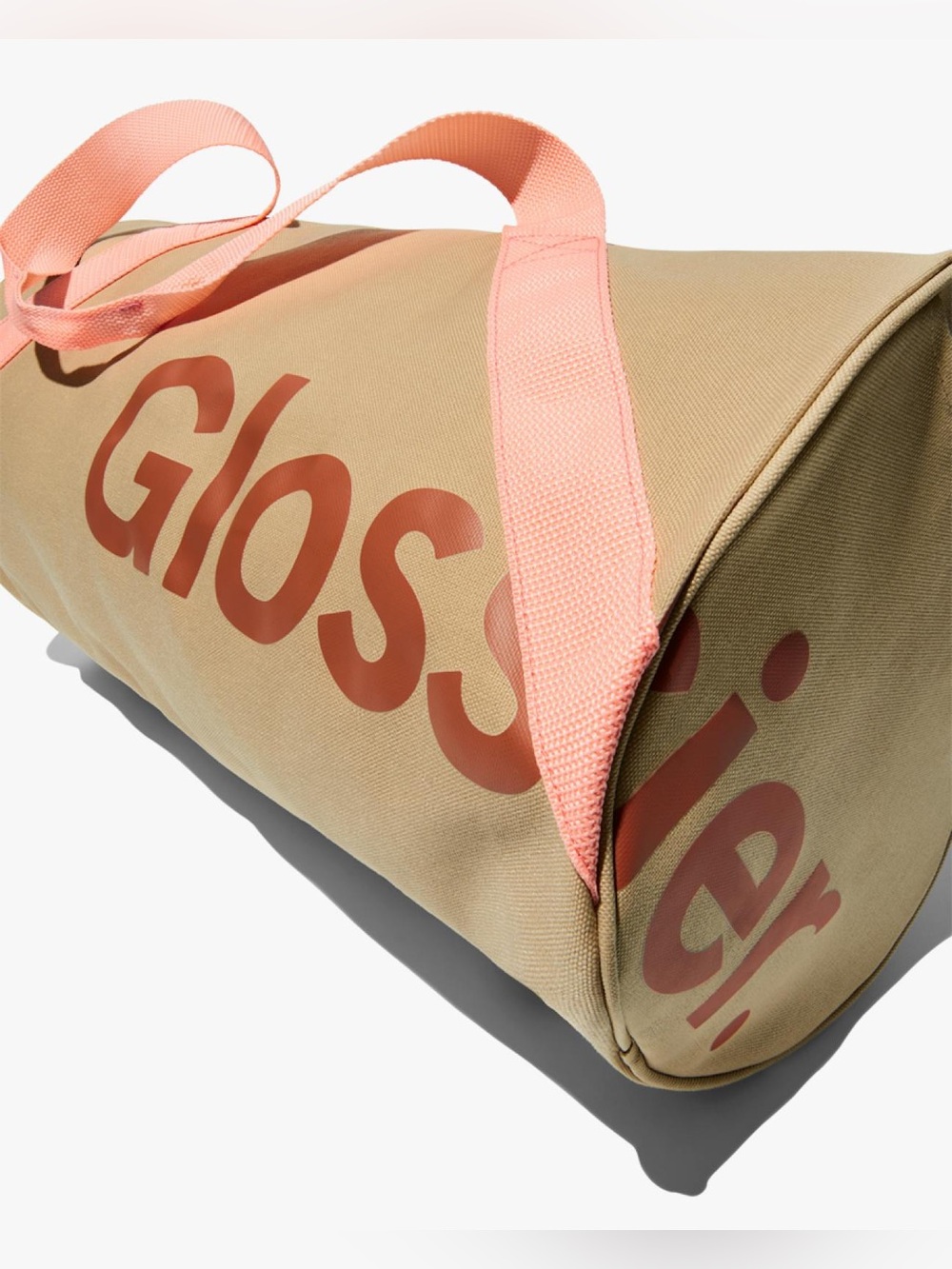 Glossier Beige Travel Duffle with Pink Straps